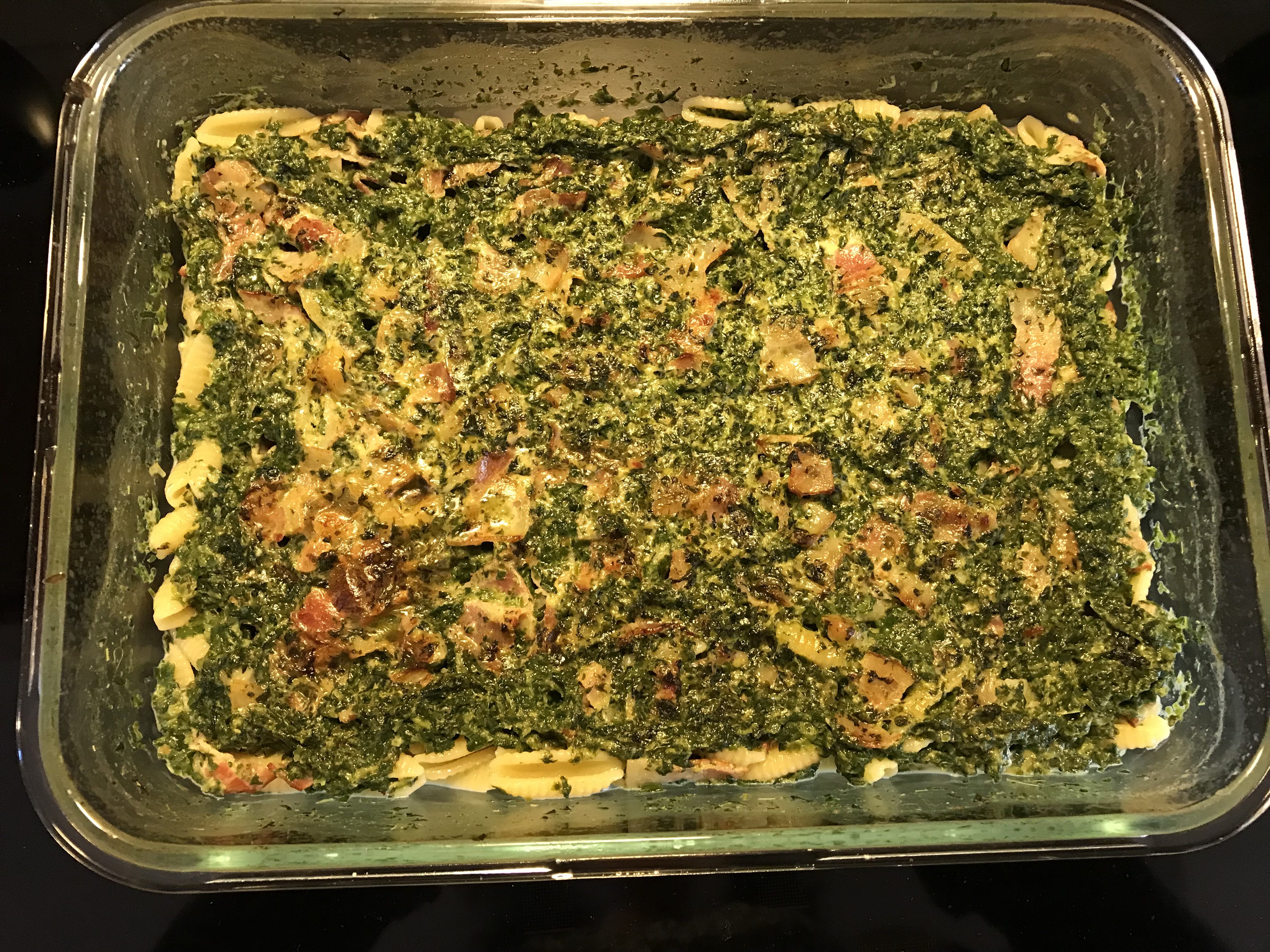Gluten free spinach and bacon pasta gratin